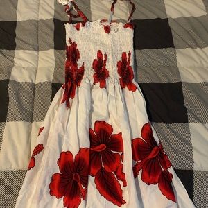 Floral red and white strapless dress